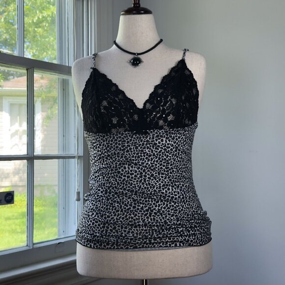 Vintage 90s Leopard Print Black Lace Camisole Adjustable Straps Small Mobwife - Picture 4 of 9